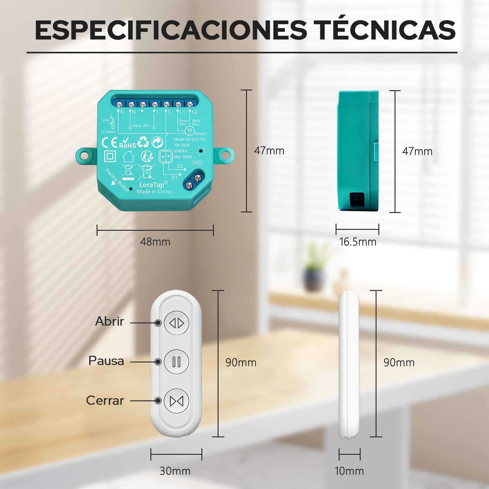 LoraTap Interruptor de Persiana, Receptor Módulo de Relé Inalámbrica con Mando a Distancia RF, Transmisor de Radio 868 MHz, Cortina