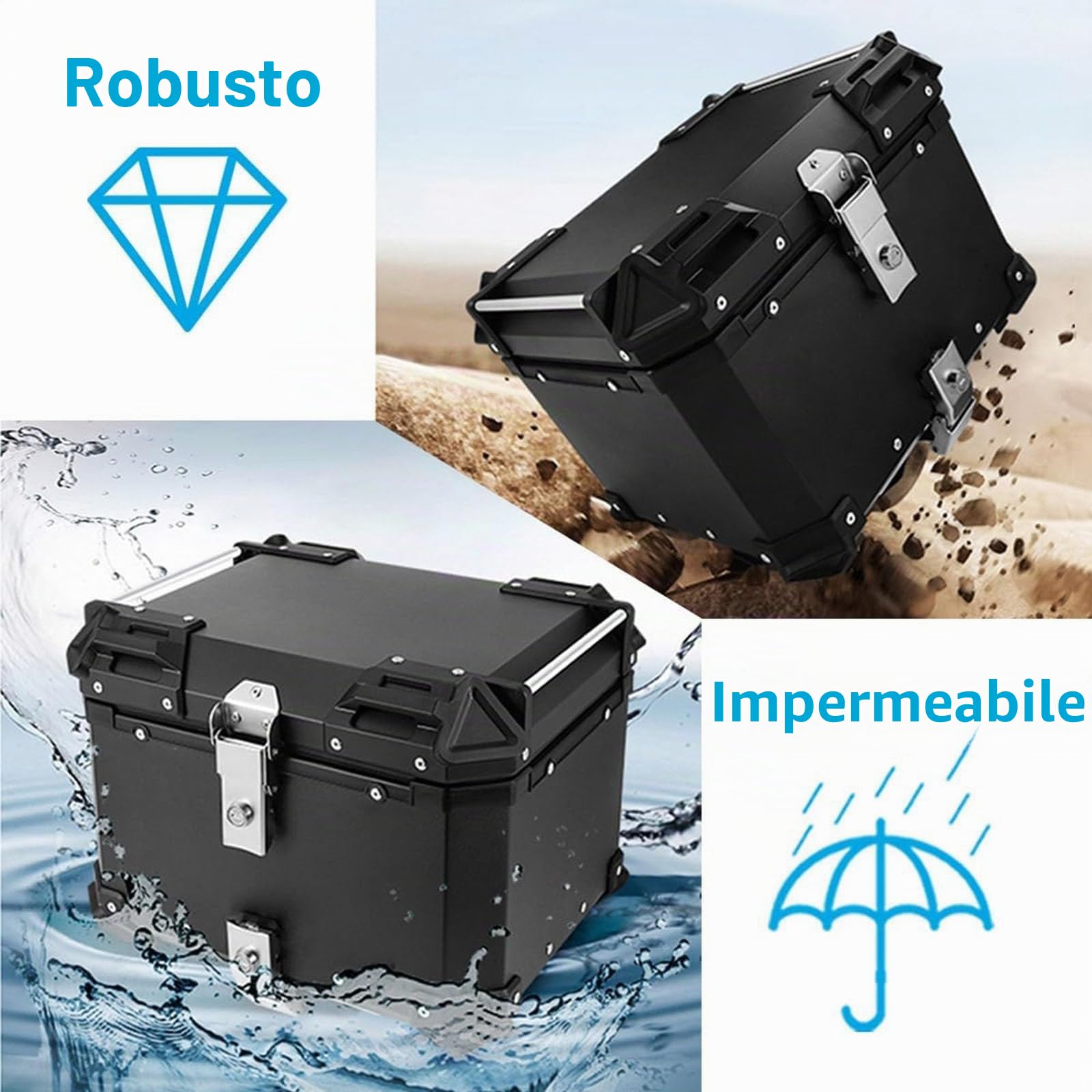 Bauletto posteriore per moto, 28L 36L 45L 55L 65L 80L 100L Baule per moto impermeabile in alluminio universale con serratura di sicurezza per riporre casco e bagagli - Include schienale silver 28L