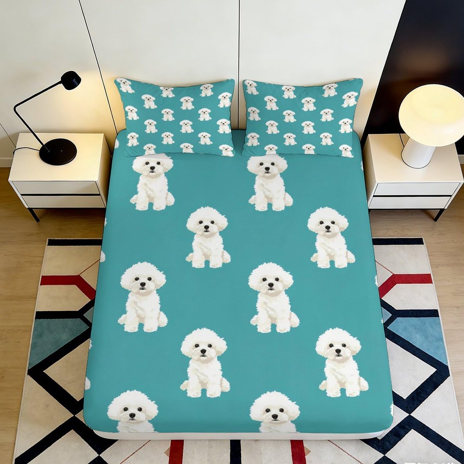 3D Printed Cute White Dog Fitted Sheet Microfiber Turquoise Cartoon Puppy Mattress Cover for Bedroom Dorm Easy Care 90x200x25cm