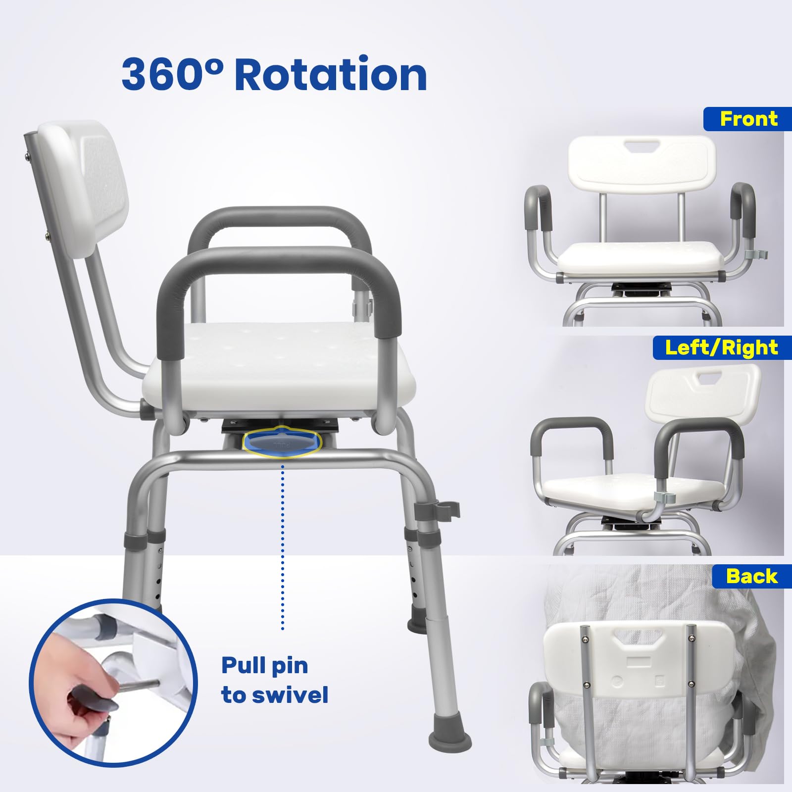 Silla de ducha giratoria con respaldo y brazos, silla de baño giratoria para discapacitados con almohadillas a prueba de frío, soporta 180 kg, montaje sin herramientas, silla de ducha giratoria para