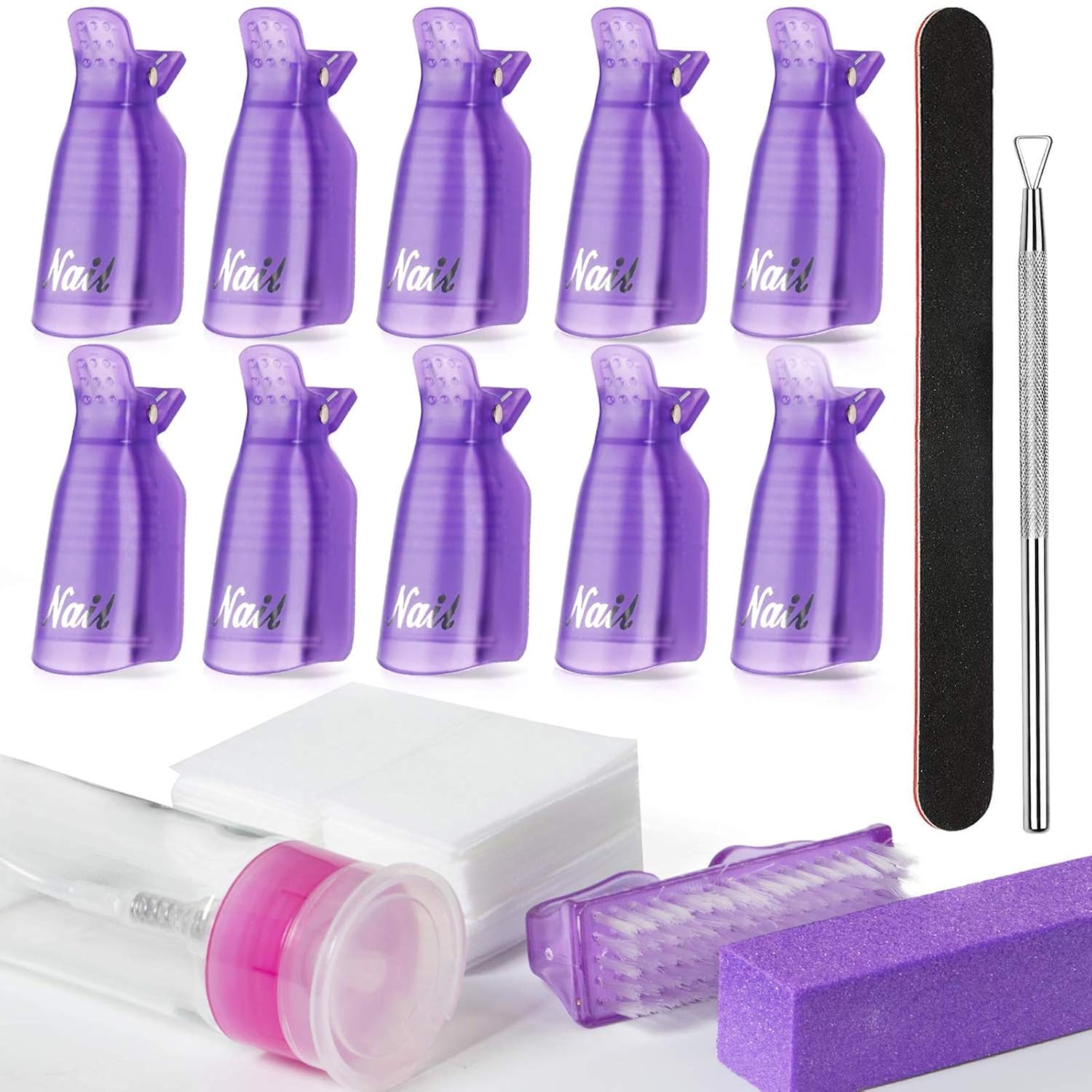 Gel Nail Polish Remover Tool - 200pcs Lint Free Nail Wipes 10pcs Nail Polish Remover Clips Pump Dispenser Cuticle Pusher Nail Brushes Nail File Nail Buffer BTArtbox Gel Polish Remover Tools Kit