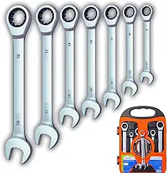 Kit 7 Chaves Combinadas com Catraca Articulada | Aço Cromo Vanádio | Cromado Fosco | Estojo Incluso