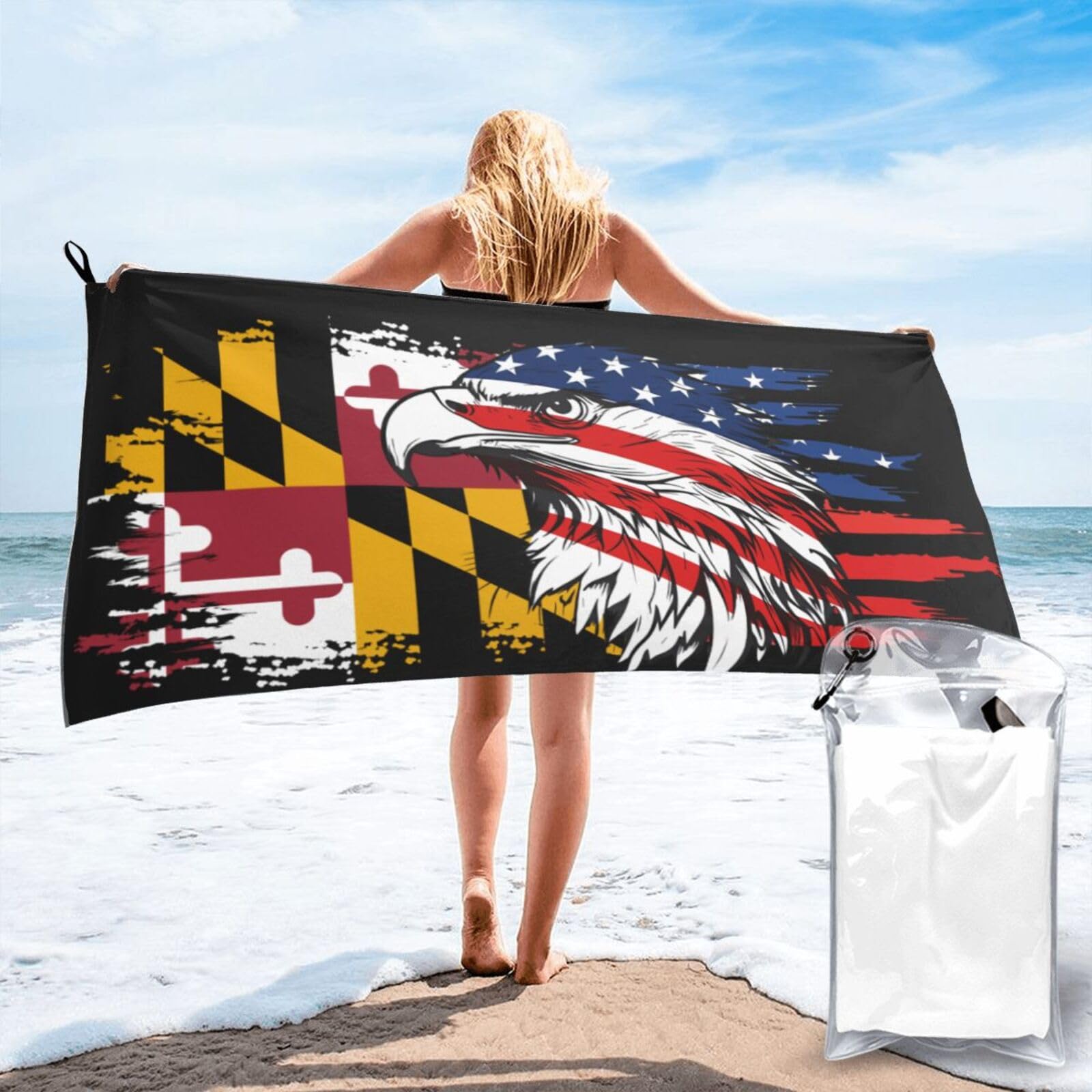 HACXZ America Flag and Maryland Flag Microfiber Beach Towel Lightweight Absorbent Travel Pool for Men Women 27.5"X55"