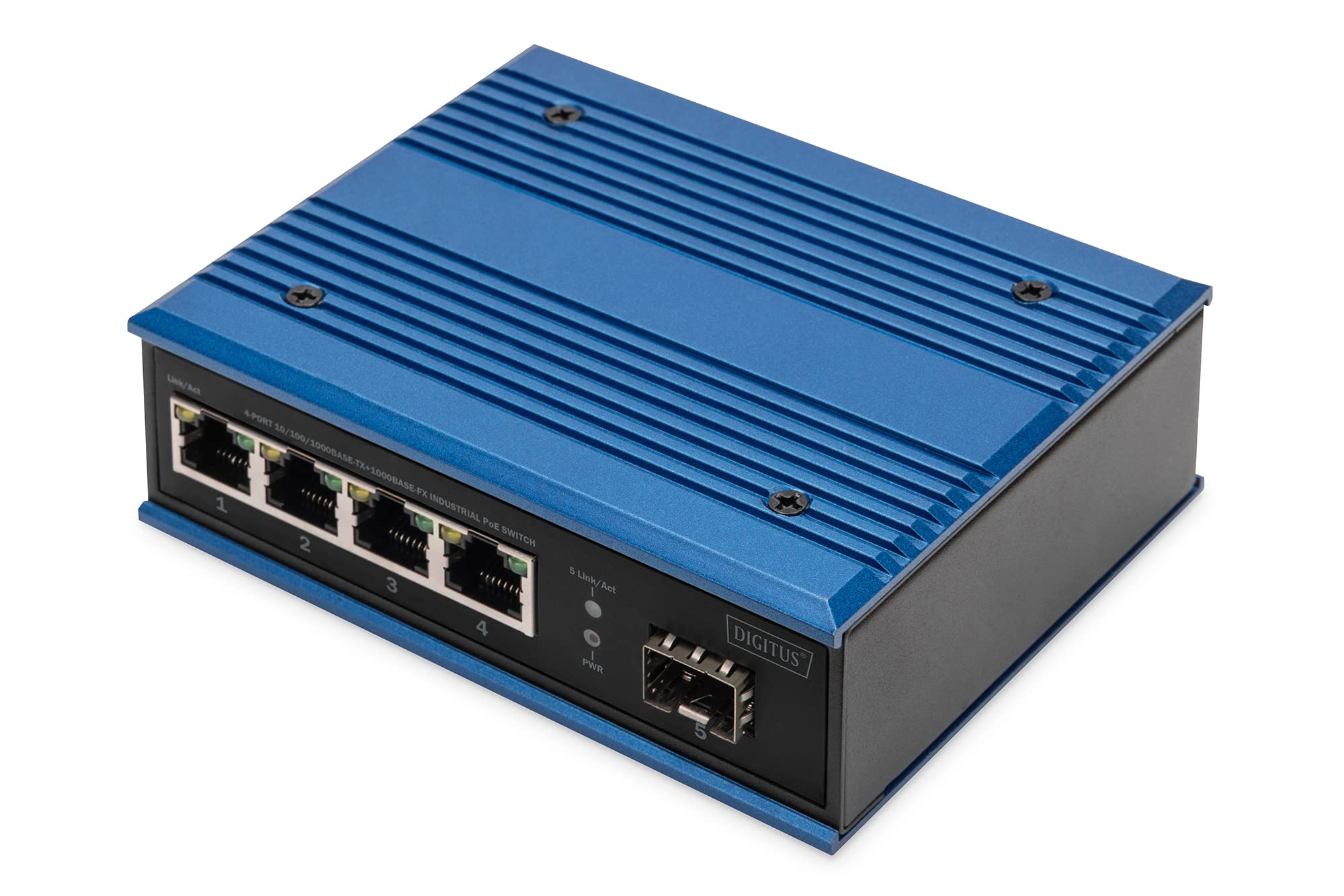 DIGITUS PoE Netzwerk-Switch - 5-Port Gigabit Ethernet - 4X RJ45 + 1x SFP-Port - Unmanaged - 10/100/1000 Mbit/s - Hutschienen & Wandmontage - IP40 - Industrial Serie - Blau