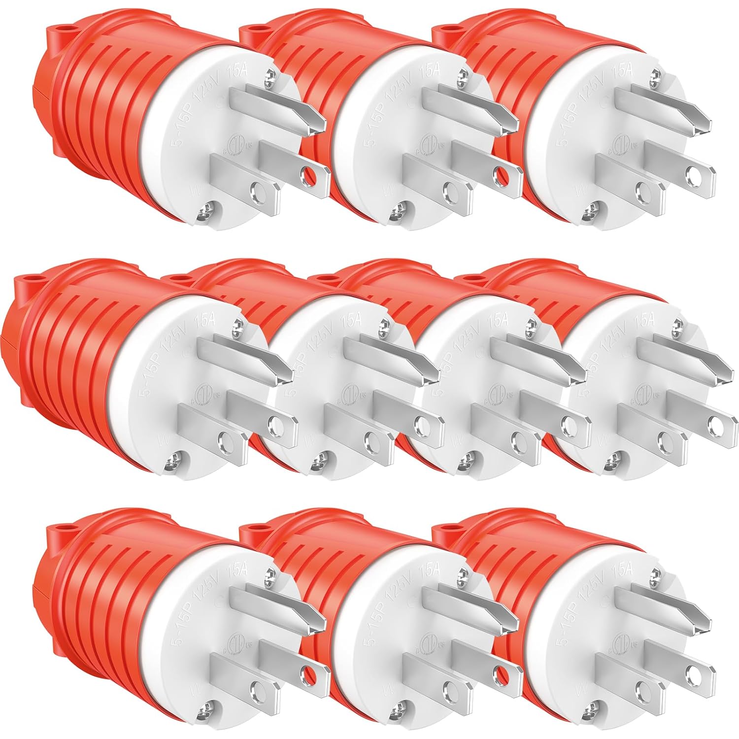 110V Plug 120V 3-Prong Drop Cord Cap NEMA 5-15P 15A Straight Blade Repair Plug for 12AWG Male Extension Cord End Replacement ETL Listed Orange-Tinted Red 10-Pack