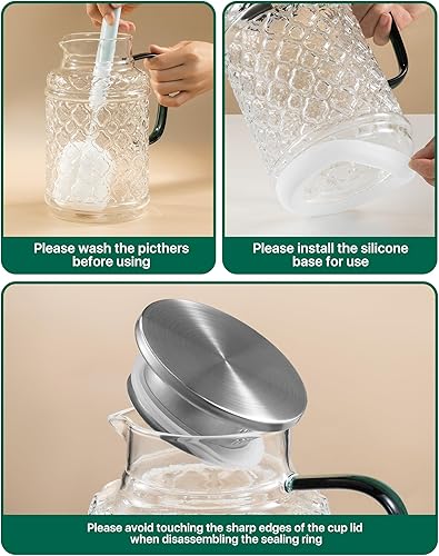 Miniatura 8 de Paquete de 2 jarras de vidrio con tapa, jarra de agua de vidrio vintage de 64 onzas1.8 litros, antideslizante y fácil de limpiar, jarra de agua para