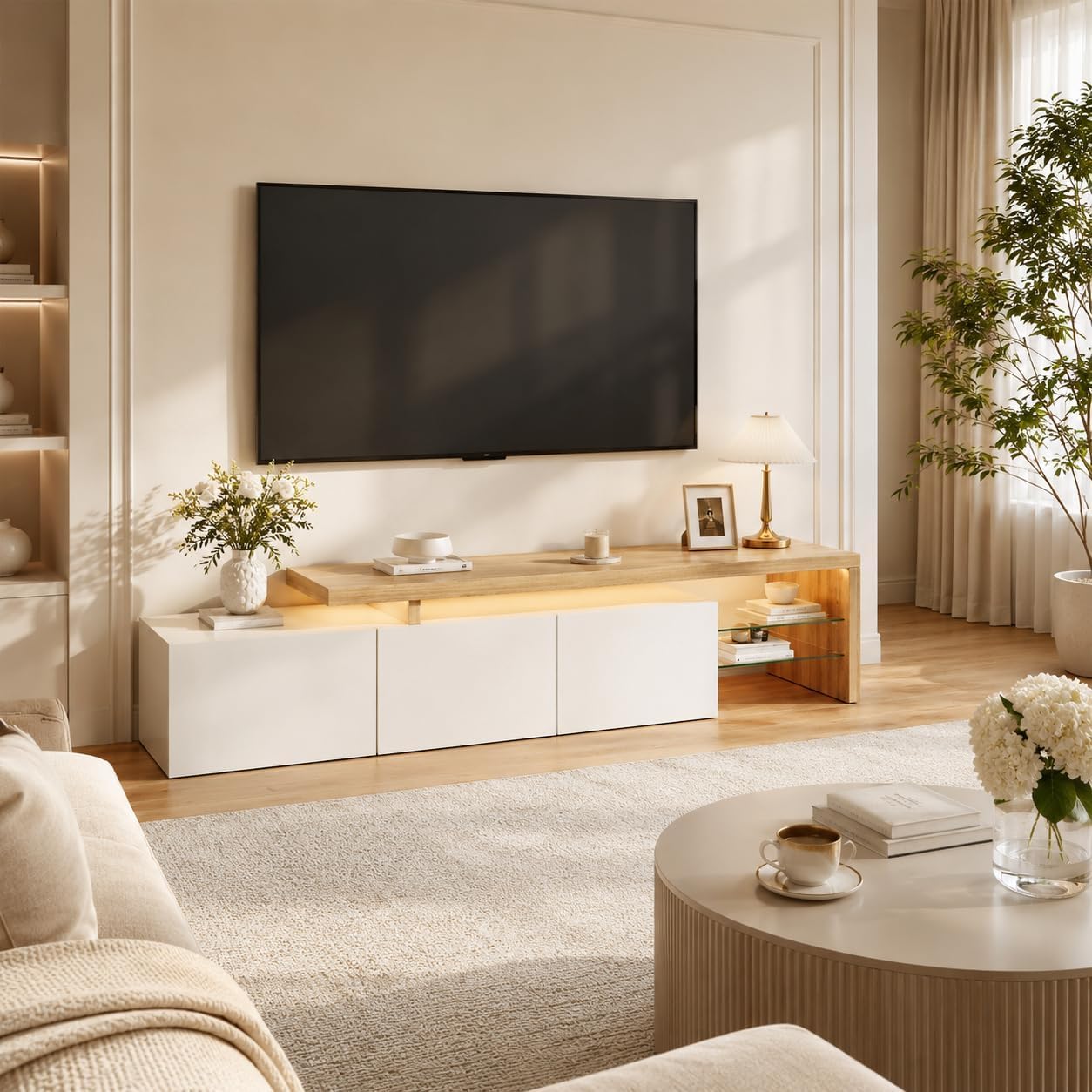 Mueble TV LED 200 Cm, Muebles TV con Estante De Cristal, Mueble TV para Salón, Banco TV Moderno De Madera con 3 Armarios, Armario Bajo para Salón, Blanco