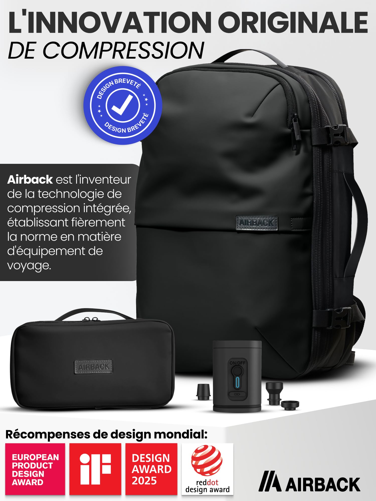 Airback Petite pompe à air, pompe électrique portable avec indicateur LED, noir