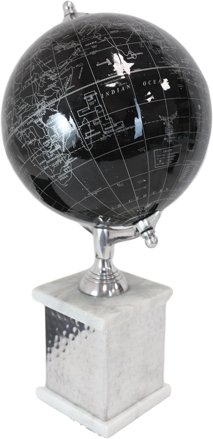 Ebros Gift 16.75"Tall Black Desktop Swivel World Globe With Aluminum Frame Silver Tilt Axis And Marble Accent Base Home Or Office Study Desk Shelf Accent