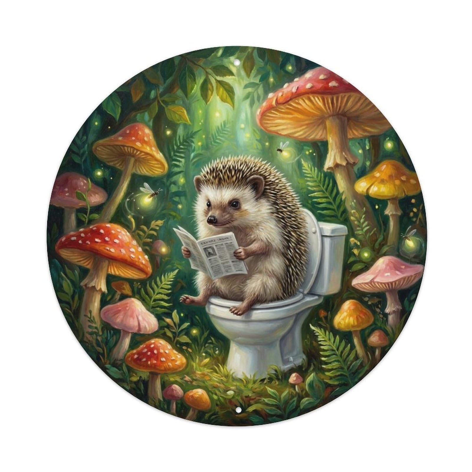 Hedgehog On Toilet Humorous Bathroom Mushroom Grove Metal Tin Sign