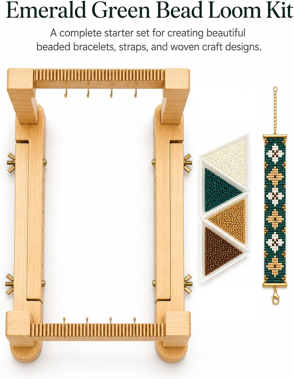TMEGMIC Adjustable Wood Bead Loom Kit - Professional Wooden Weaving Frame for Jewelry Making - Sturdy Tool for Beginners, Seed Beads, Bracelets & DIY Crafts (Natural Wood-Vintage Green Bracelet)