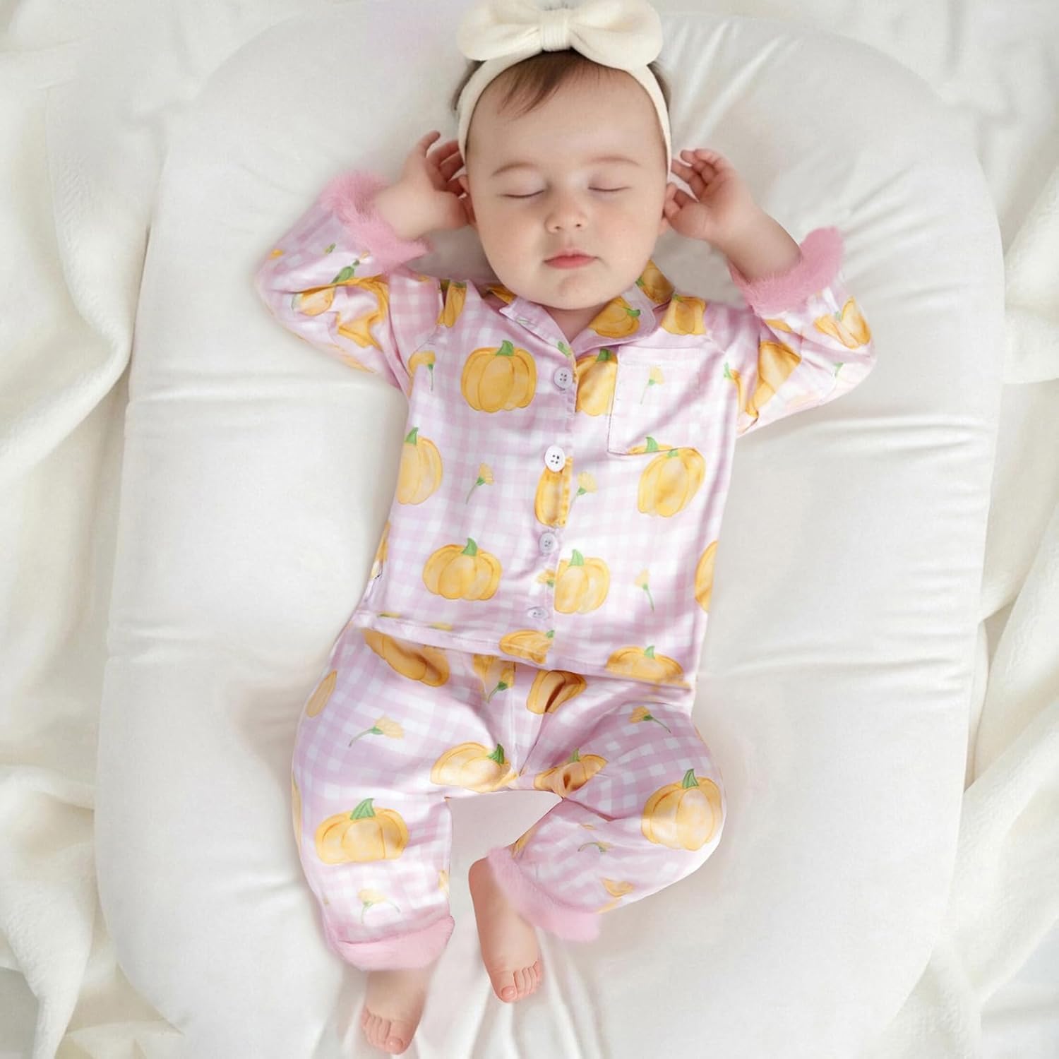 Toddler Baby Girl Halloween Pajamas Feather Satin Silk Button Down Pumpkin Pjs Outfit Nightgown Jammies Lounge Set - Image 2