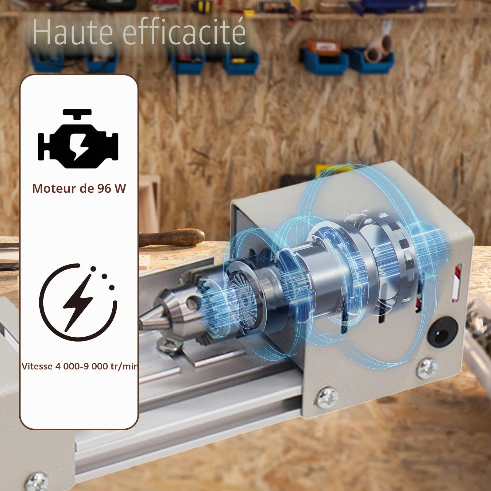 Mini tour en métal, 96 W, 4000-9000 tr/min, 7 vitesses, plage de serrage de 0,6 à 6 mm, tour de table pour le travail du bois DIY