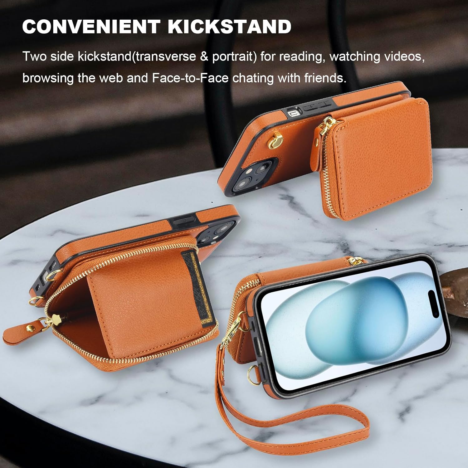 Bocasal for MagSafe Crossbody Wallet Case Compatible with iPhone 15, RFID Blocking Protective Purse Case with Card Slots Holder Kickstand Wrist Strap Lanyard Zipper 6.1 Inch 5G (Brown)