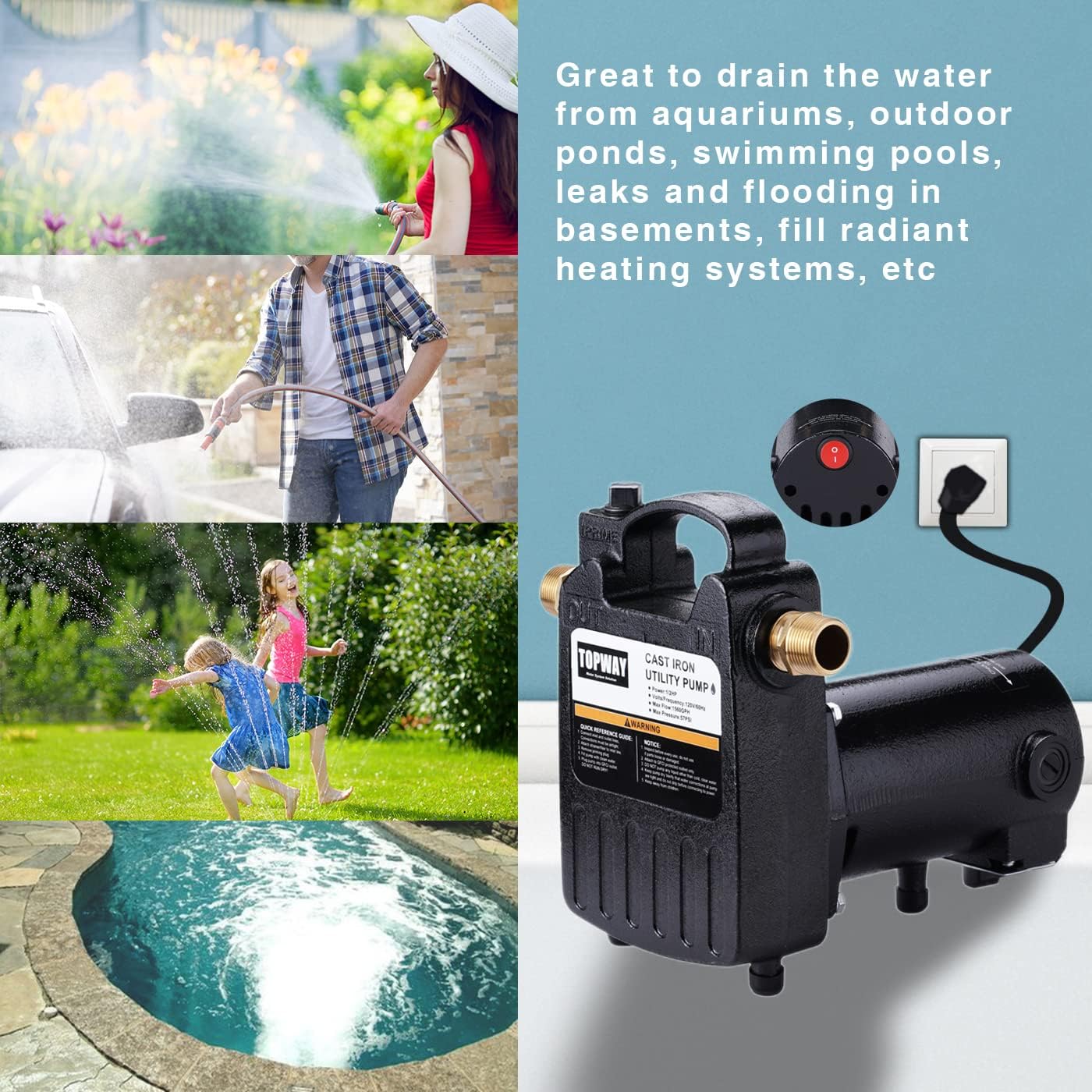 TOPWAY 1/2HP 1560GPH Portable Cast Iron High Pressure Utility Transfer Water Pump with Built-in On/Off Switch,Hose connectors & Suction Strainer.