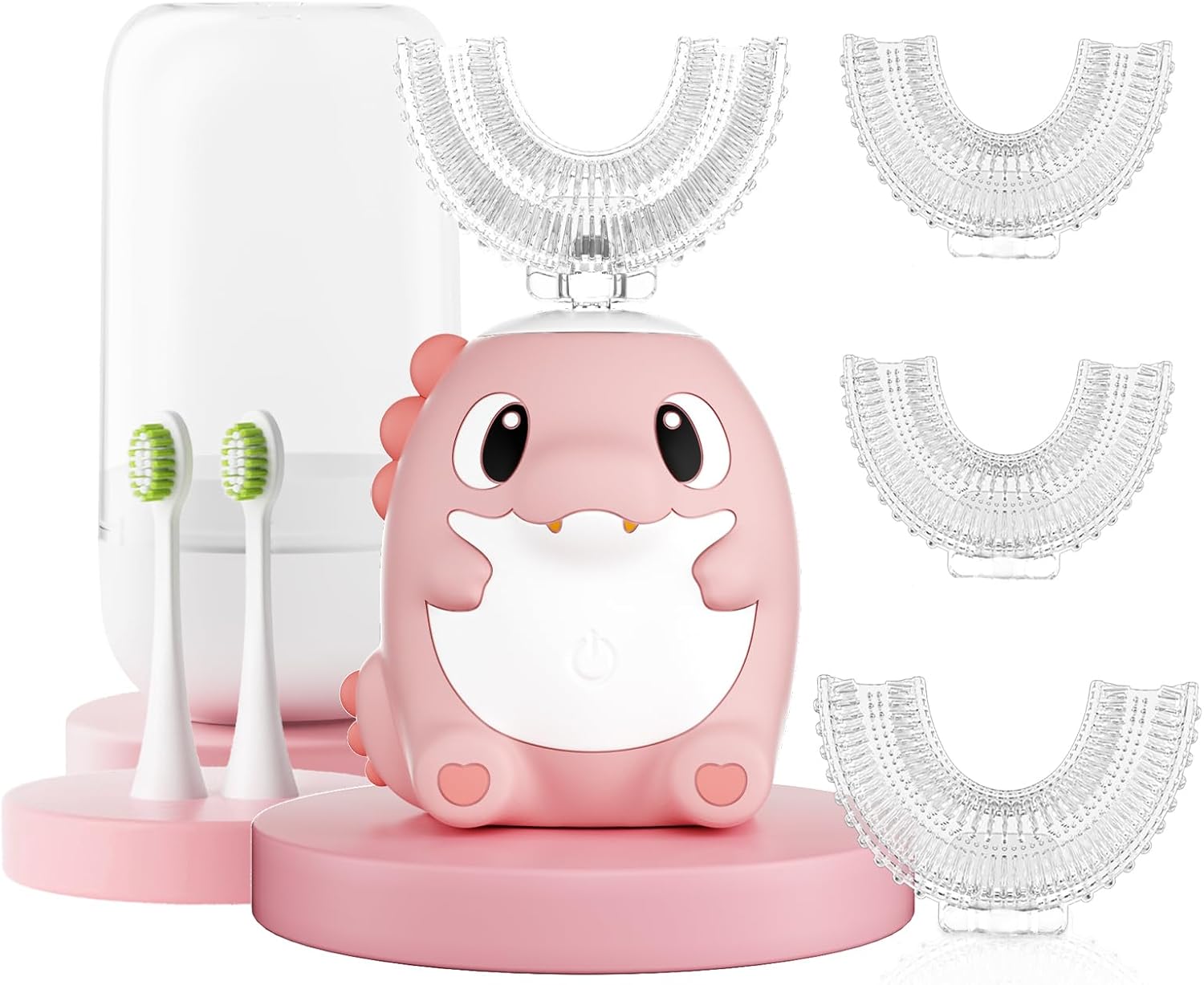 Kids Electric U Shaped Toothbrush,Kids Dinosaur Sonic Automatic Toothbrush with 6 Soft Brush Head 6 Cleaning Modes Full Mouth 360° Cleaning - Age2-15 Pink