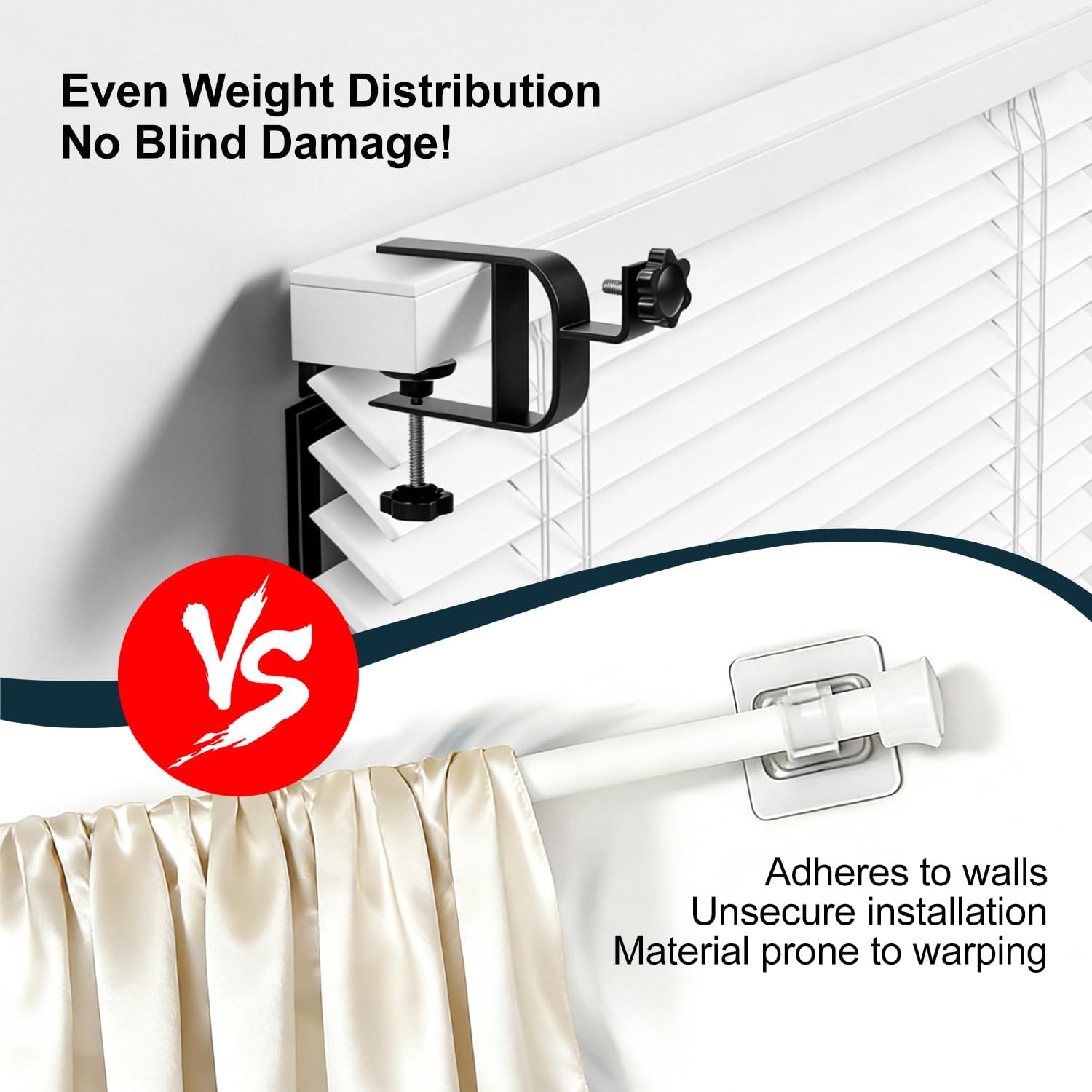 Inside Mount Curtain Rod Bracket for Blinds, No Drill Blind Adapter, Easy 1-Min Tool-Free Install, No Wall Damage, Adjustable 0.8–2.2" Headrail, Fits 1" Rod, for Apartments & Rentals, Black, 2 Pack