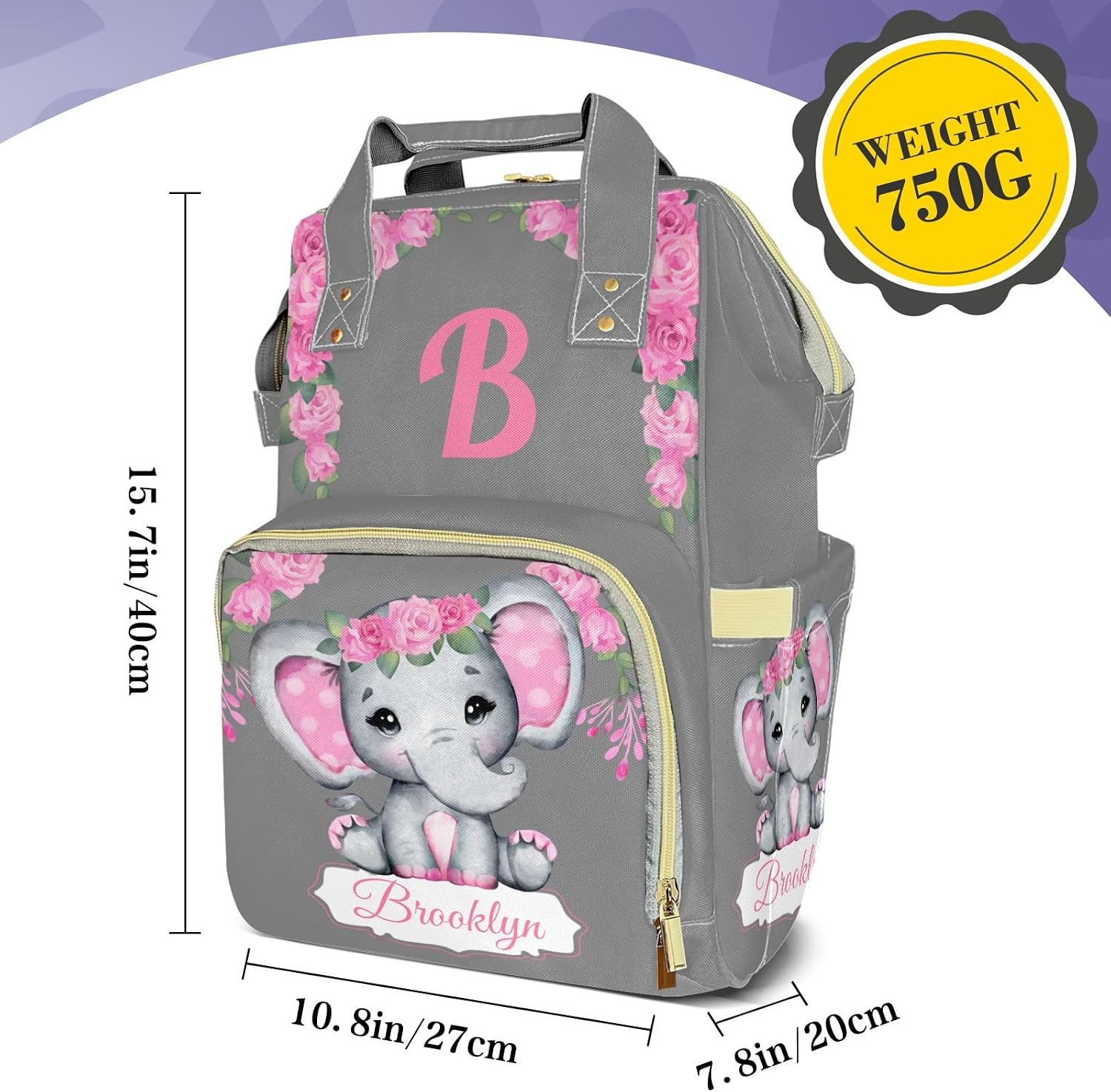 Custom Diaper Bag with Name Personalized Multifunctional Mommy Backpack for Daughter Granddaughter, Grey Daypack Bag for Travel