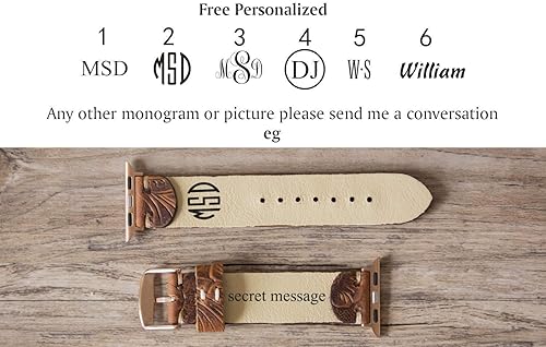 Miniatura 3 de Western Tooled Floral Leather Watch Bands Personalized Name Compatible with Apple Watch 38mm 40mm 41mm 42mm 44mm 45mm Custom Distressed Brown