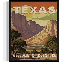 Texas State Scenery Black Framed Poster Art Print, Retro States Landscape Wall art Decor, Adventure Mountain and Scenery Painting for Bedroom, Living Room 42 Texas, 10"L x 8"W, Black Frame
