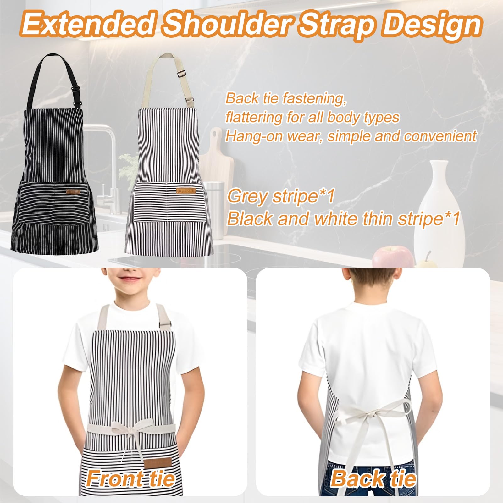 2 Pack Chef Apron, Kitchen Cooking Aprons for Girls and Boys Adjustable Stripes Apron with 2 Pocket - Image 2