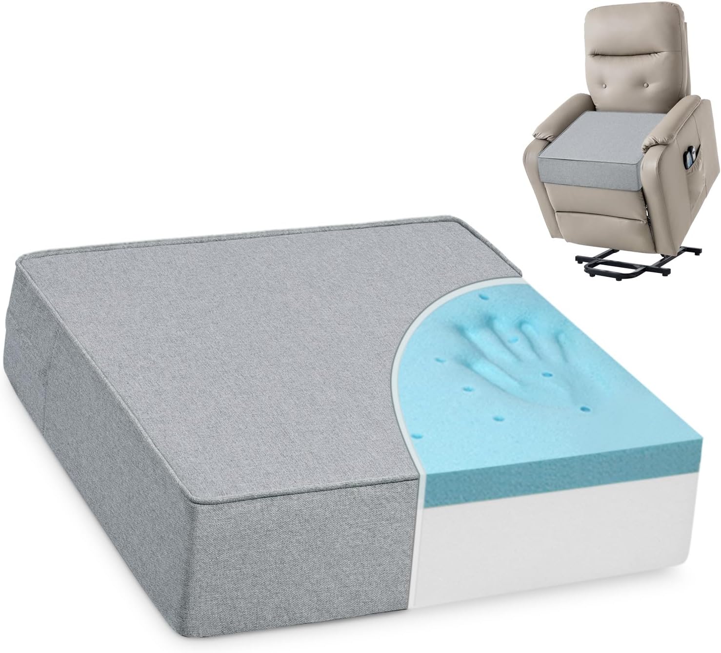 Shinnwa Gel Memory Foam Recliner Cushion for Elderly, Extra Large Seat Cushion, Dual-Layer Foam Chair Pad for Couch, Armchair, Wicker Chairs, Floor, 20 × 20 × 5in, Light Gray