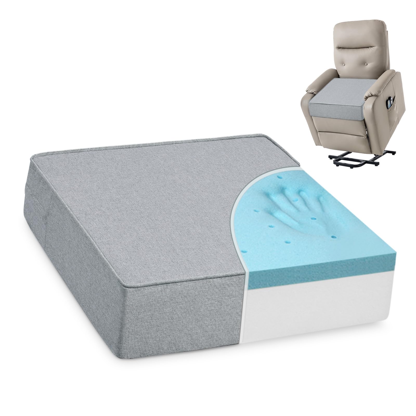 shinnwa gel memory foam recliner cushion for elderly, extra large seat cushion, dual-layer foam chair pad for couch, armchair, wicker chairs, floor, 20 × 20 × 5in, light gray