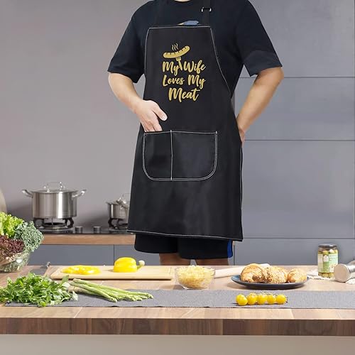 Miniatura 4 de WZMPA My Wife Loves My Meat Delantal divertido para asar a la parrilla, delantal ajustable con bolsillos para marido, novio