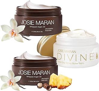 Josie Maran Whipped Argan Oil Body Butter & Divine Drip Honey Butter Balm Trio - 3-Piece Body Butter Gift Set with Skin Firming Creams in Blissful Beach, Golden Vanilla & Honey Fig (3 Piece Set)