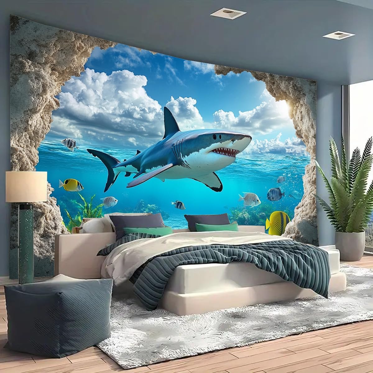 FENDROM Blue Ocean Shark Tapestry Tropical Fish and Coral in Undersea Deep Abyss With Blue Sunlight Landscape Wall Hanging for Bedroom Living Room Kids Tree Dorm Party Decor
