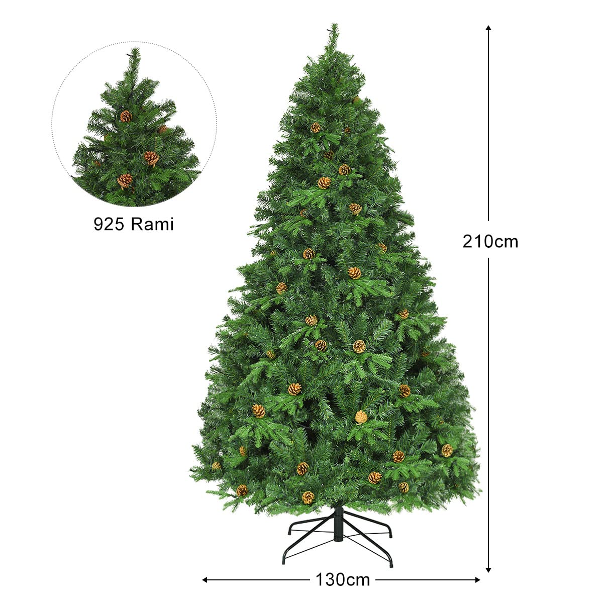 COSTWAY Albero di Natale 210/225/240 cm, Albero di Natale con 460/540/600 Luci a LED Bianco Caldo, 925/1125/1335 Rami e Pigne, Decorazione Natalizia per Casa e Negozio (210cm)