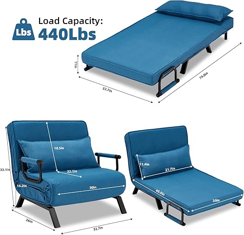 Miniatura 23 de Sillón convertible para cama, sillón tapizado de tres pliegues con almohada, sofá plegable de ocio con respaldo ajustable de 6 ángulos, cama