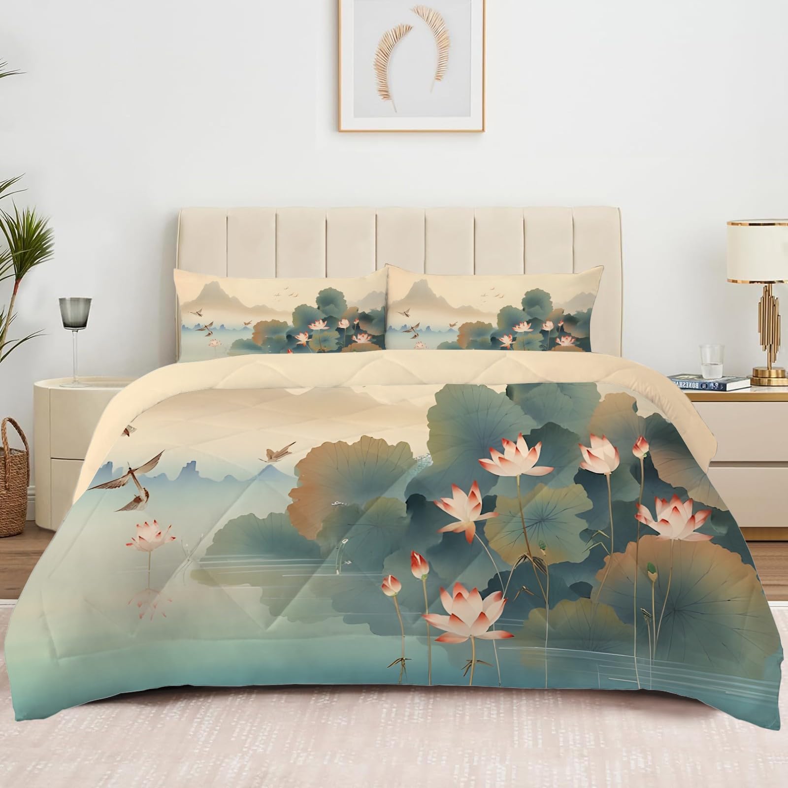 Edredon Nordico Cama 180 Loto, Relleno Nordico 240x260 de Microfibra, Edredón 4 Estaciones Reversible Acuarela, Edredones Estampados Botánico con 2 Fundas de Almohada 50x75 cm U-754