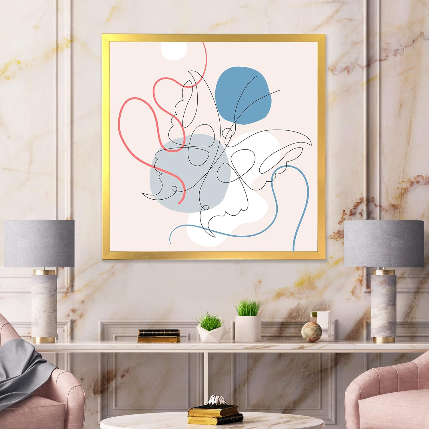 Butterfly One Line Drawing On Cubism Shapes I Modern Framed Wall Art