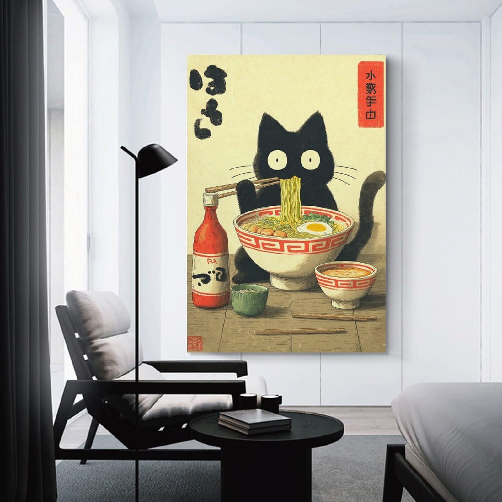 Junmoney Black Cat Eating Ramen Illustration Room Decor Wall Art, 12x18inch(30x45cm), for Office, Study Or Home Workspace, Decorative Artwork for Productive Spaces