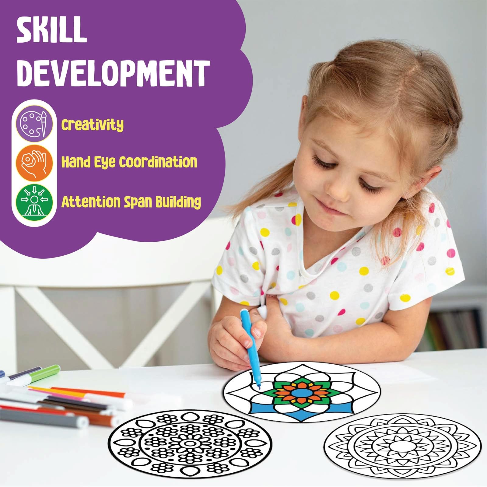 SparkLPlay DIY Mandala Art Kit for Kids. Coloring Set with - 6 Magnetic Cutouts,12 Color Pens & Booklet. Creative Art & Craft. Mess Free. Gifts for Kids. 3