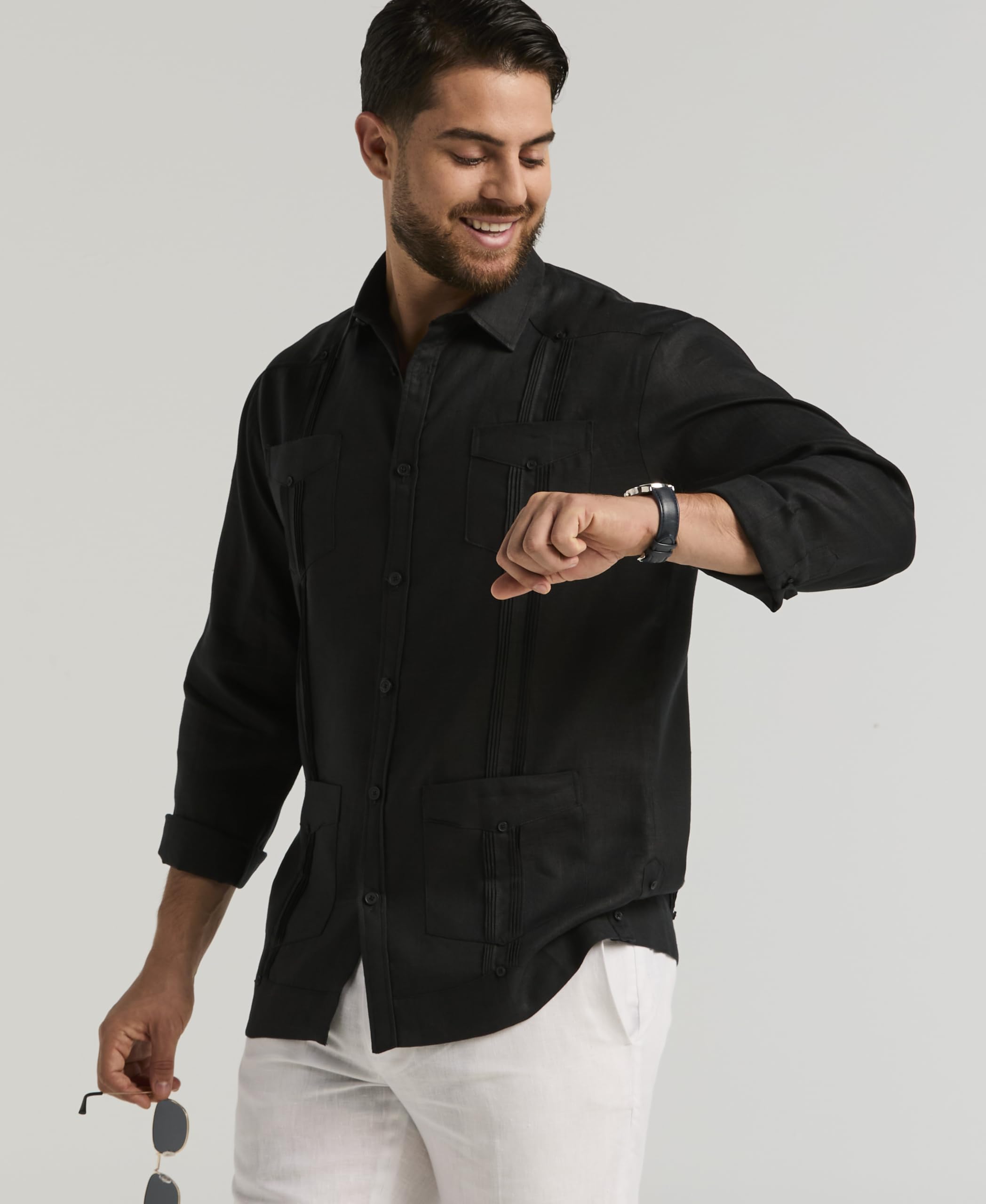 Cubavera 100% Linen Four-Pocket Long Sleeve Button-Down Guayabera Shirt (Available In Big & Tall) Camisa Abotonada Hombre (Pack de 1)