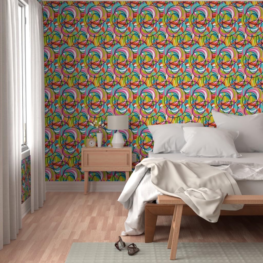 Spoonflower Peel & Stick Wallpaper 3ft x 2ft - Mod Modern Graffiti Swirl Summer Groovy Happy Custom Removable Wallpaper