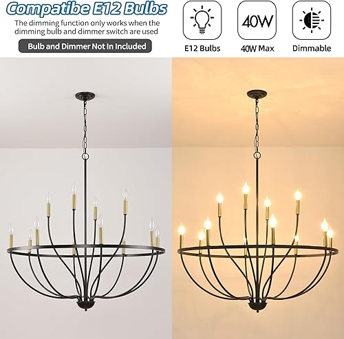 Miniatura 3 de Candelabro moderno de granja para comedor, 9 luces, lámpara de araña negra y dorada, lámpara colgante de altura ajustable para cocina, isla de