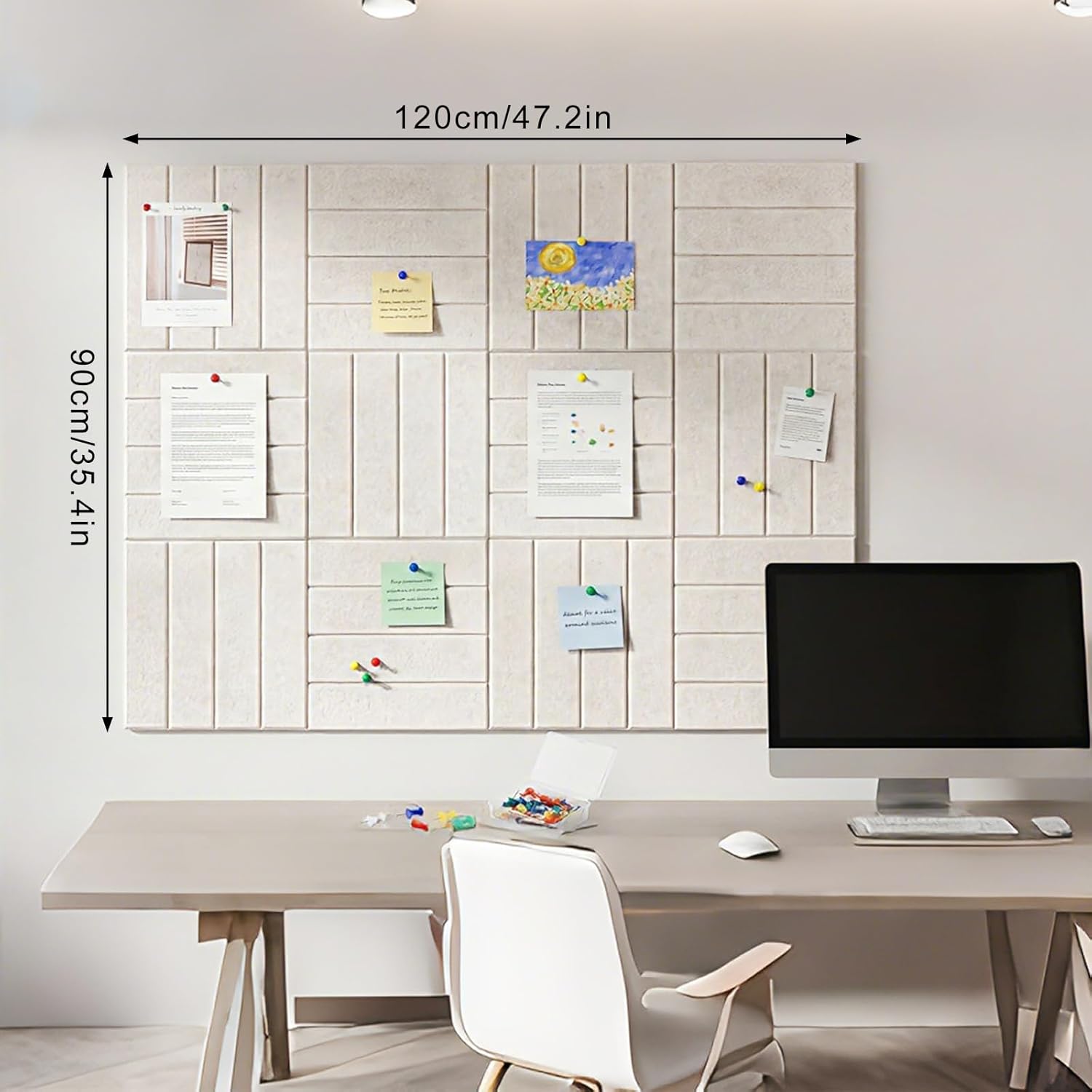 Thboxes Felt Bulletin Board Tiles 48" x 36", 12-Pack Cork Board for Office, Pin Board with 60 Pushpins Cork Boards for Office Decor Walls Organizer, 70 Adhesive Tabs Included - Oatmeal