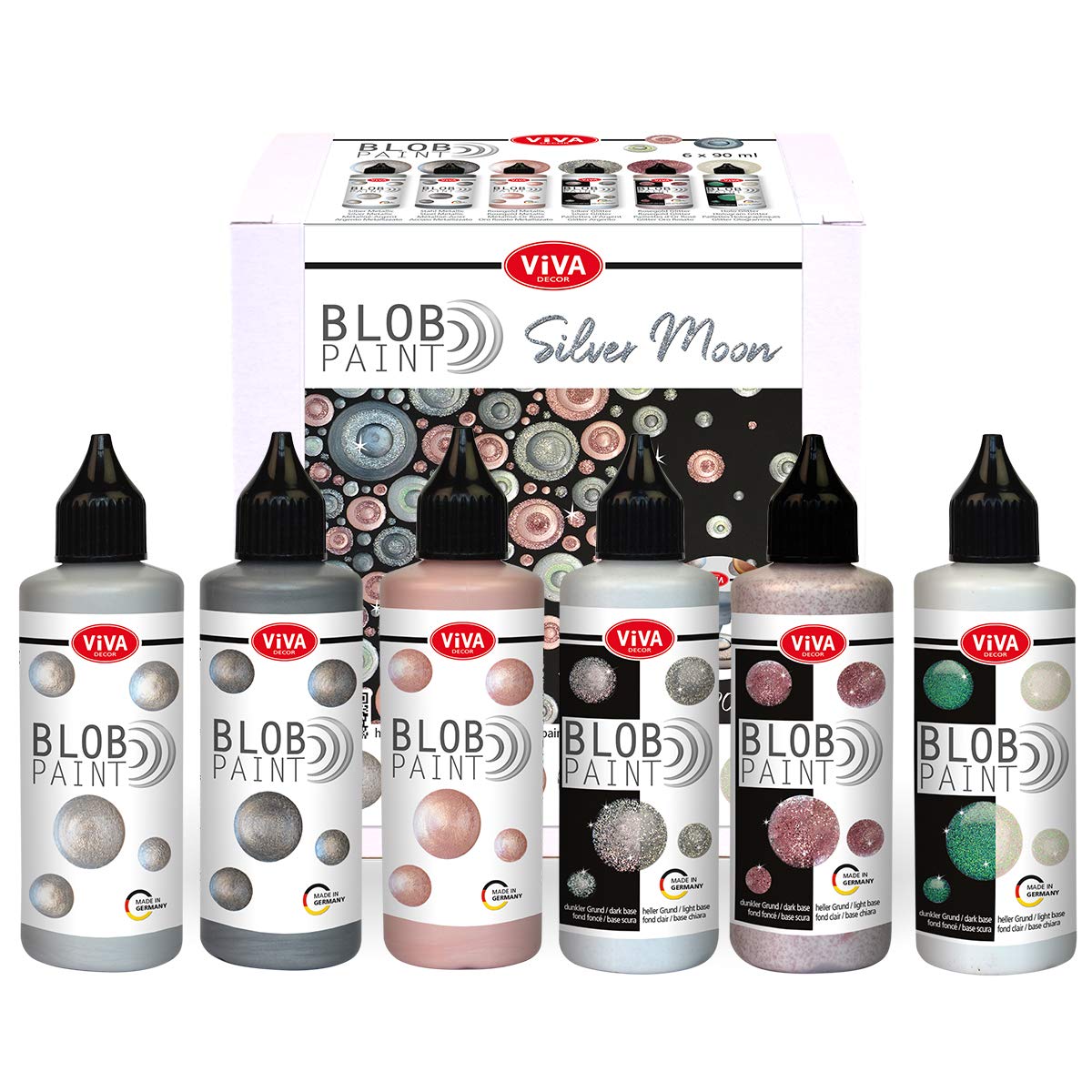 Viva DecorBlob Paint Set Silver Moon (6 x 90 ml) Ready-to-Use Paints for Blob Painting/Dot Painting Art - Dotting Tool for Canvas, Mandala and Much More - Made in Germany