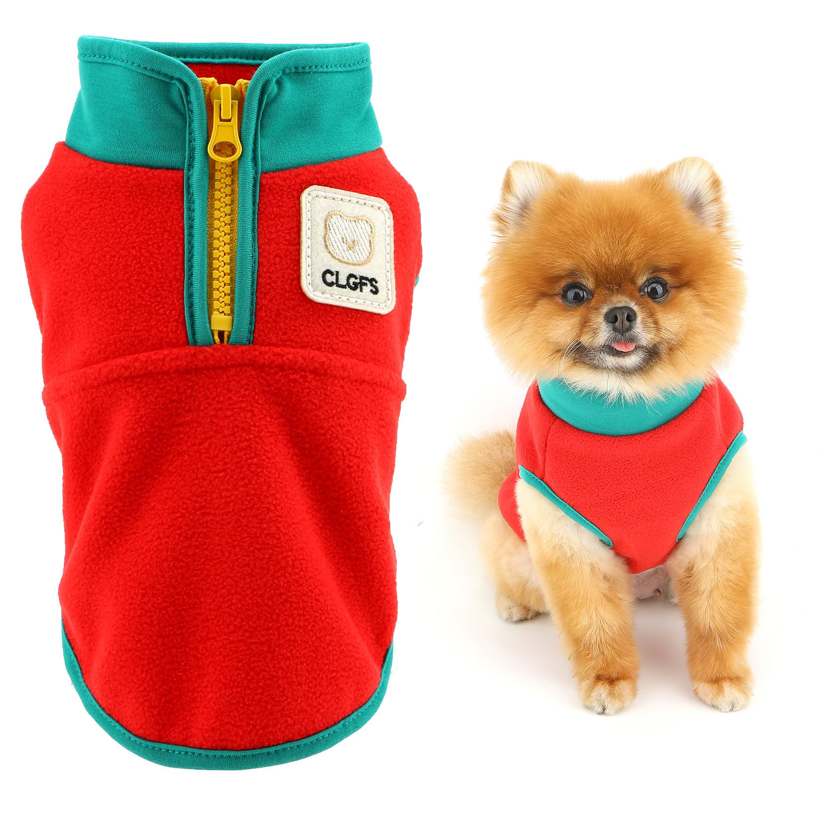 SMALLLEE_LUCKY_STORE Fuzzy Fleece Dog Jumper for Extra Small Dogs, Colorblock Warm Puppy Vest Sweater with Half Zipper and Cute Patch Cozy Turtleneck Winter Fall Chihuahua Yorkshire Clothes Red L