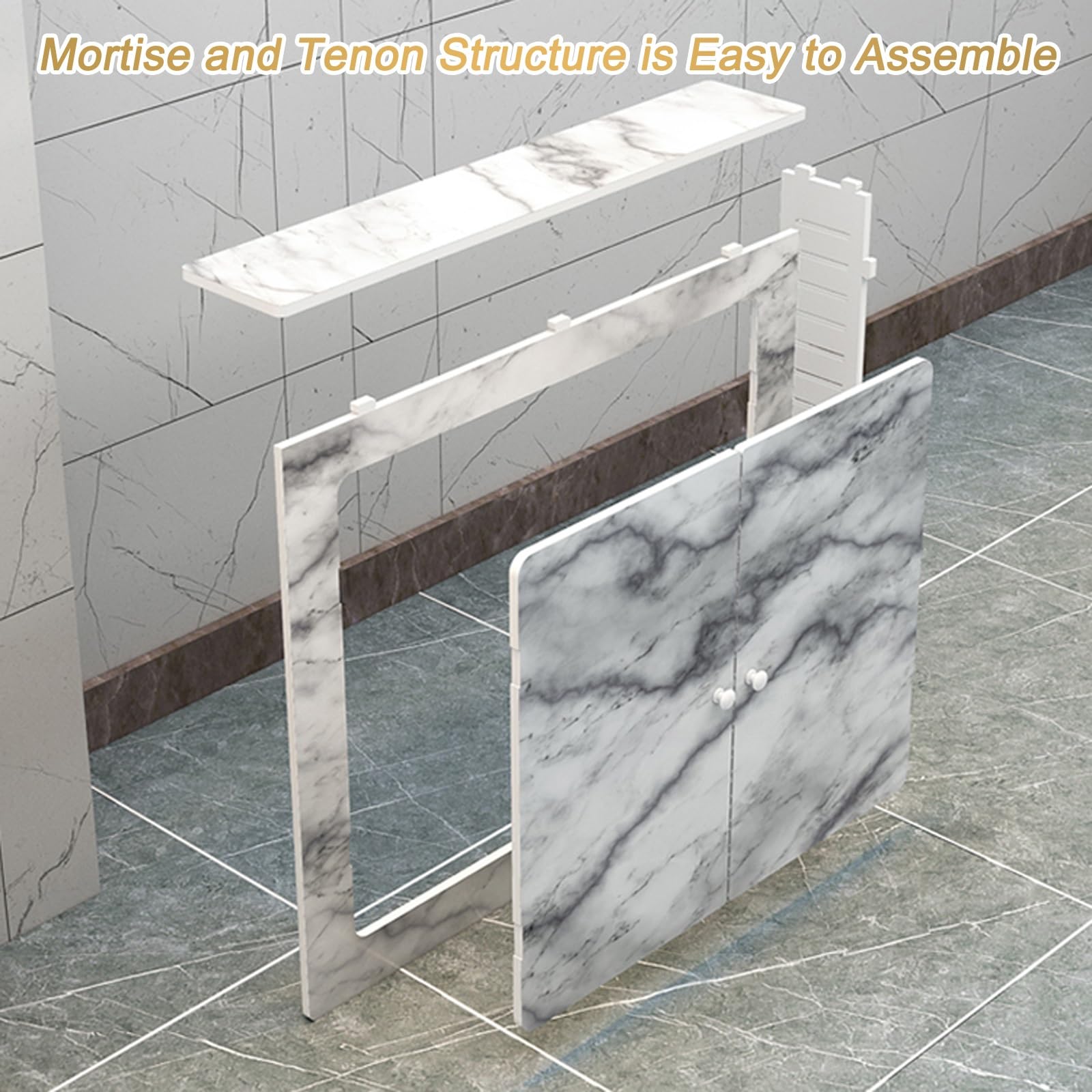 Cubierta de radiador con acabado de mármol con 2 puertas, armario decorativo de pared para entrada, baño, colector de ducha y solución de almacenamiento de fontanería
