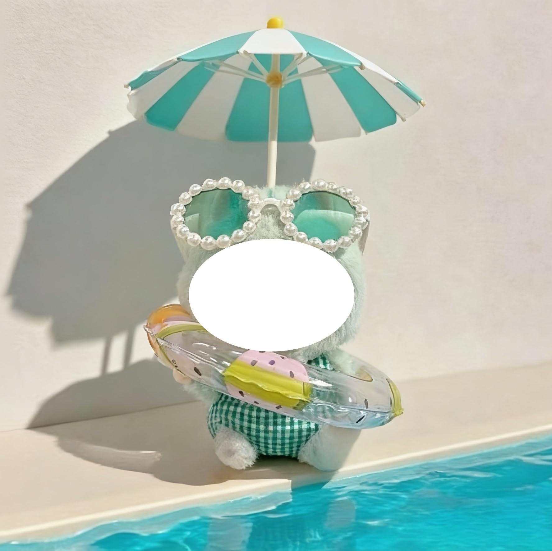 Stylish Summer Beach Clothes Set Suitable for 17cm/15cm Labubu – Fashion Outfit(Doll Not Included) (Green Swimsuit+Swim Ring+Necklace+Glasses) — view 3