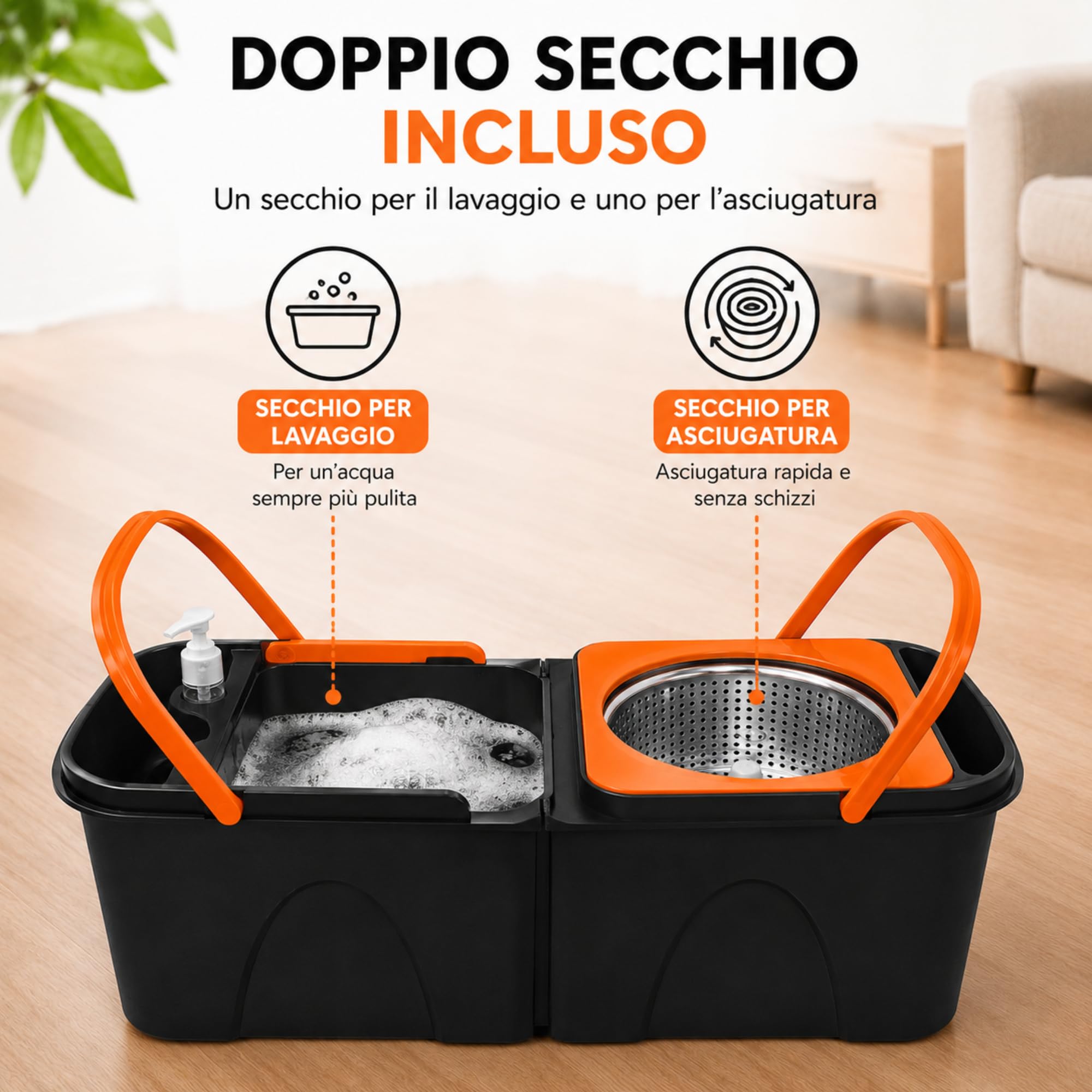 Set Mocio Lavapavimenti Rotante con DOPPIO SECCHIO Lavaggio e Asciugatura - Dispenser Incluso - Manico in Acciaio Inox - Microfibra 360° - Cestello Asciugante Inox - Sistema Salvaspazio per Pulizia