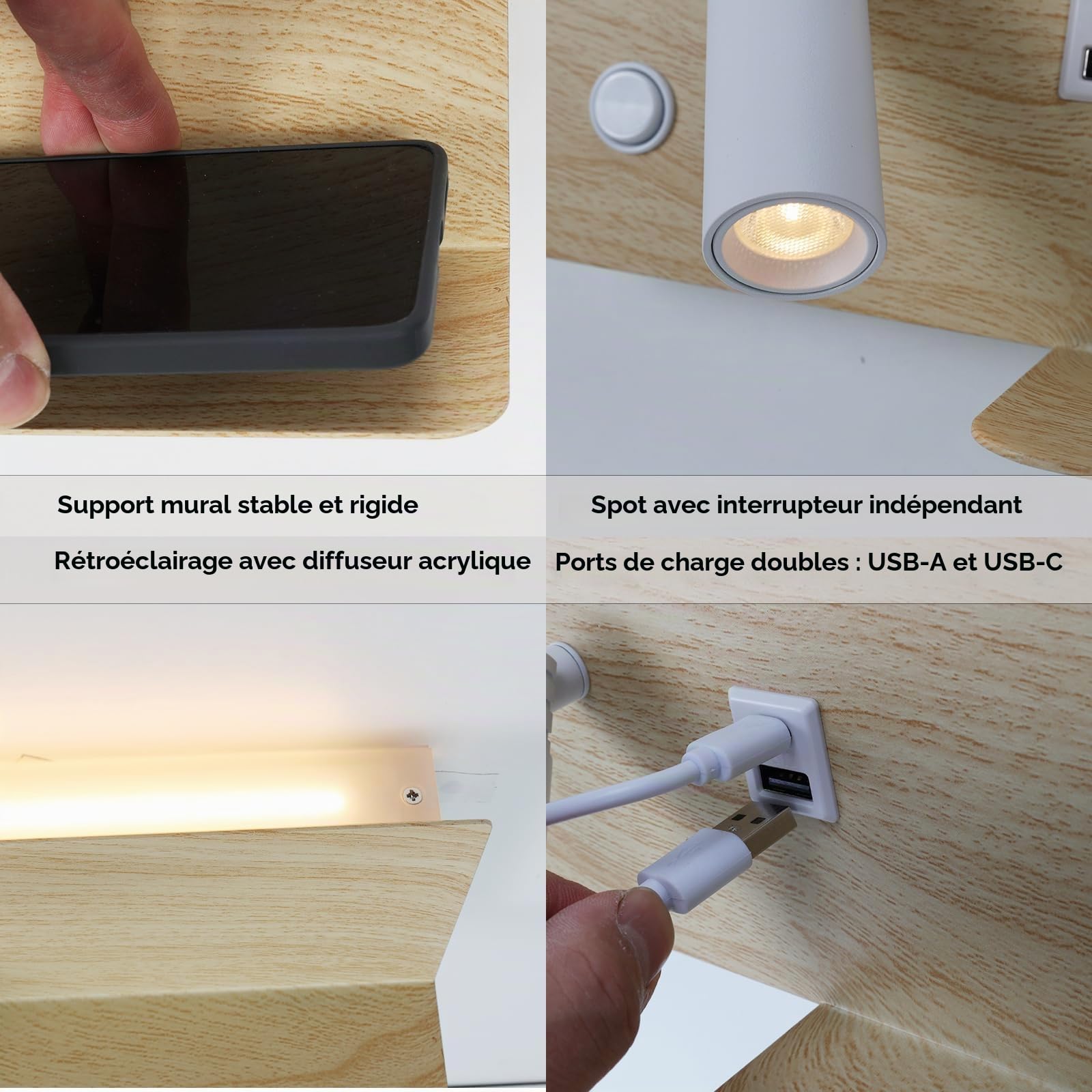 Alpinaluz Applique LED Mural avec Lumière de Lecture Orientable et Ambiante 2700K, Interrupteur Double, Double Port de Charge USB, Étagère, Métal Effet Bois Beige Clair, Spot