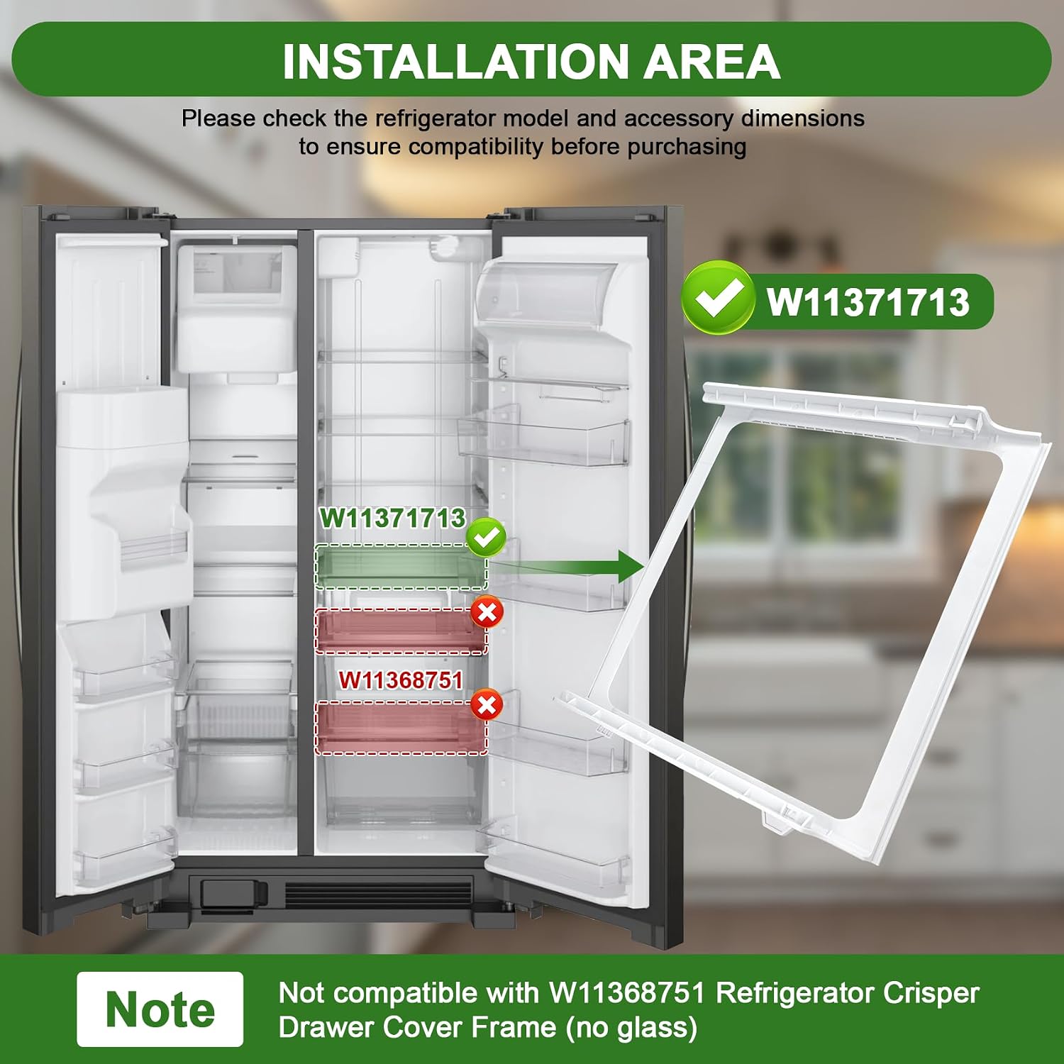 W11371713 Refrigerator Snack Pan Holder Frame(no glass) Compatible with whirlpool, kenmore, maytag and ikea WRS321SDHZ04, WRS325SDHW05 etc, Snack Shelf Frame W10912335 Replace for PS1272398, 4929374