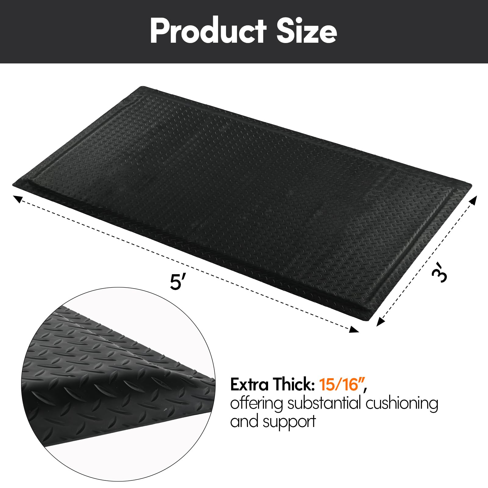 Nisorpa Alfombrillas antifatiga industriales de 3 x 5 pies 15/16 pulgadas de grosor, ergonómicas, tapete de cocina para estar de pie, resistente, placa de diamante, soporte de seguridad para dolor de
