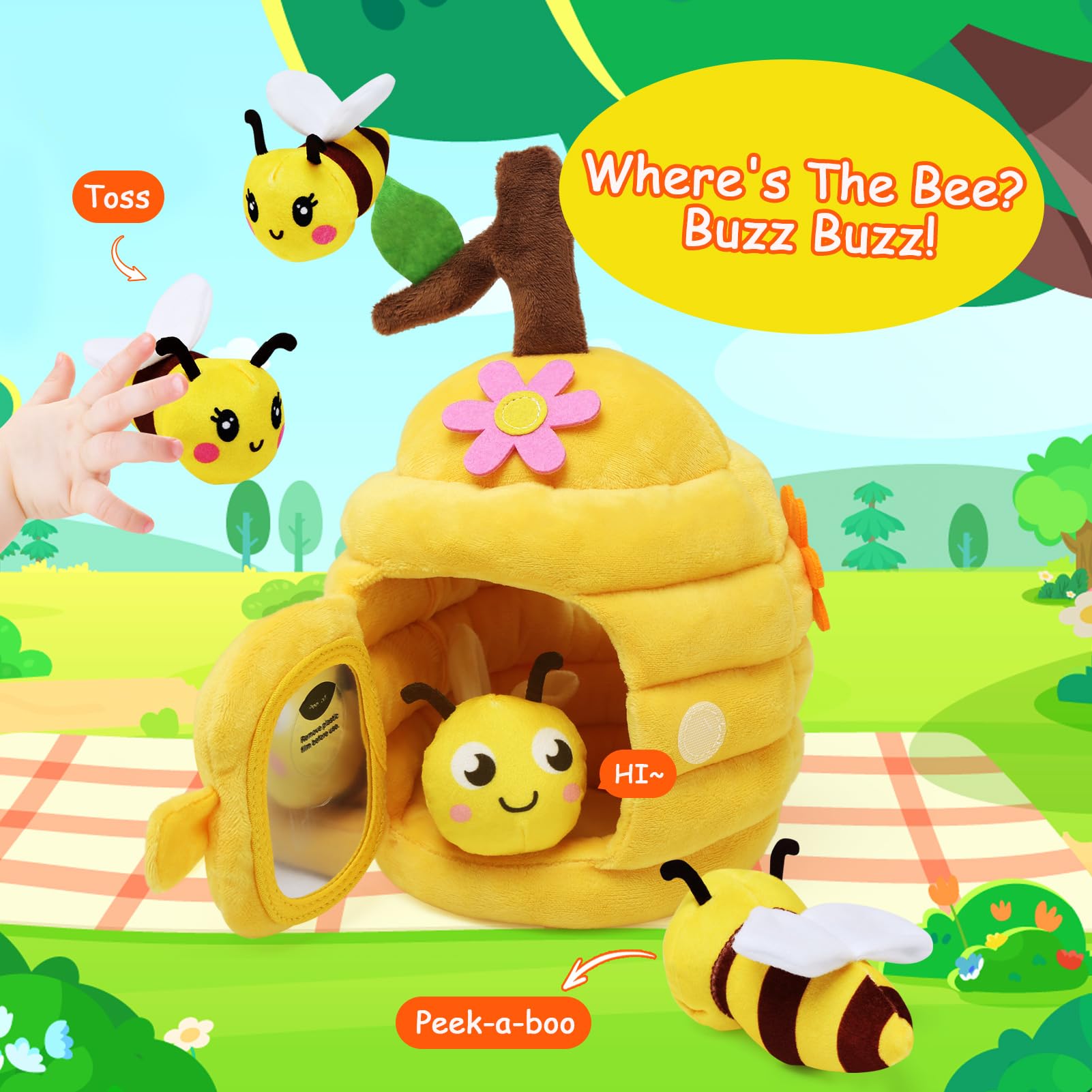 Jouet Sensoriel LEADSTAR – Animaux De La Ferme En Peluche – Grange, Miroir, Hochet – Dès 6 Mois – Cadeau Montessori