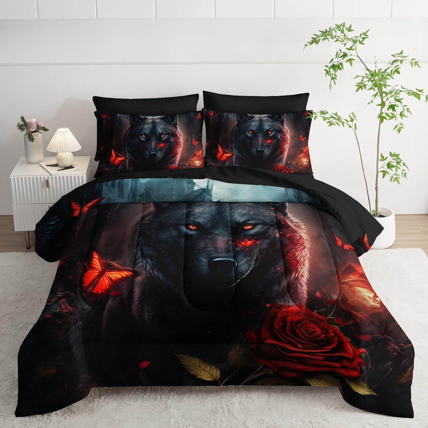 AILONEN Boys Wolf Comforter Set Full,7-Piece Black Wolf Bed in a Bag Printed Bedding Set,Soft Comforter & Fitted Sheet & Flat Sheet & 2 Pillowcases,2 Pillow Shams